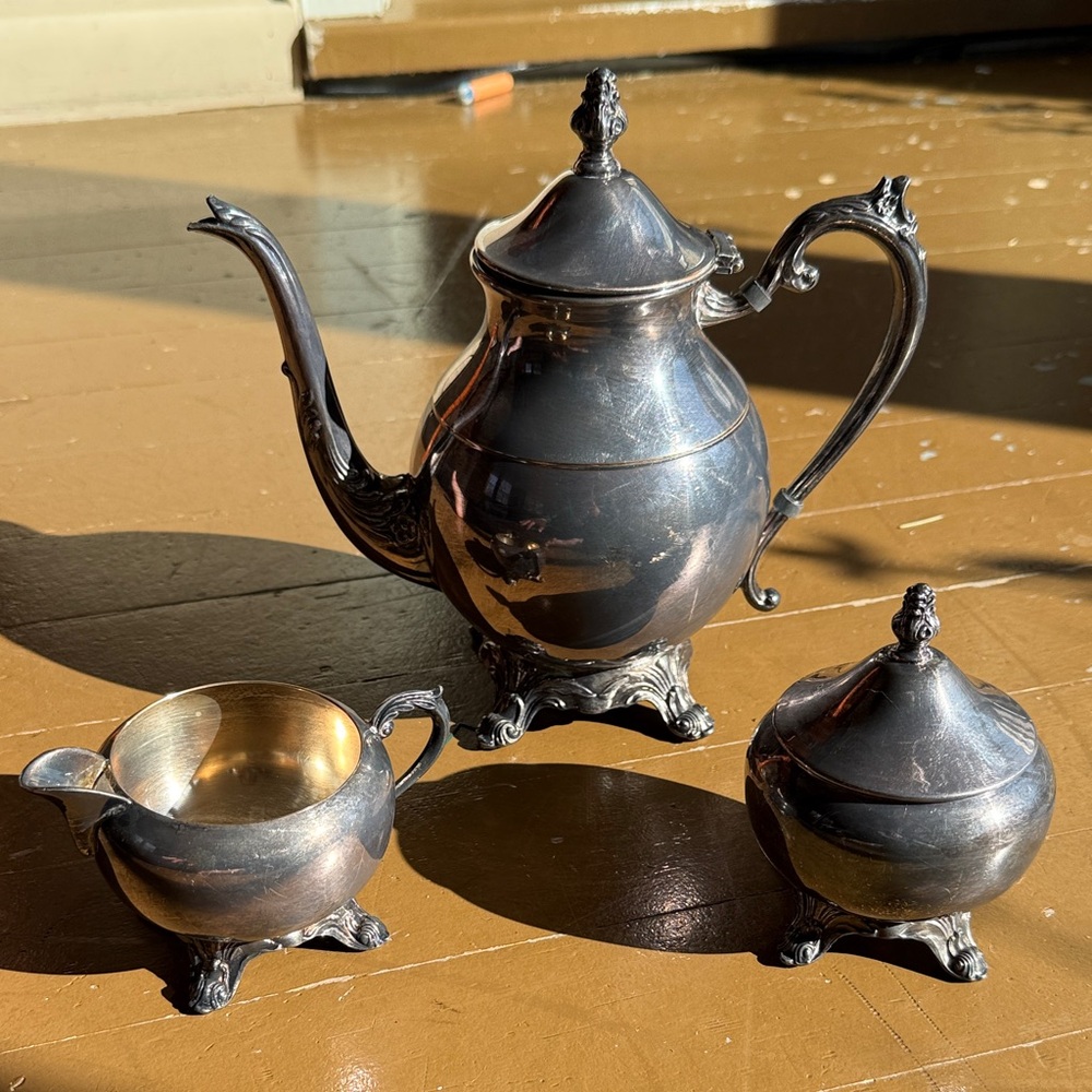 Silver plated teapot with sugar and creamer